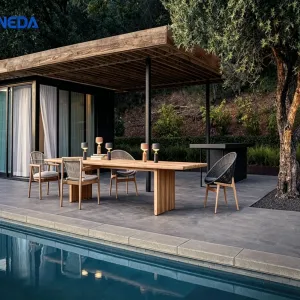New Arrivals Premium Teak Wood Outdoor Dining Set with Weather-Resistant Wicker Chairs for countryard Hotel Villa Projects