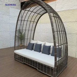 Outdoor Hotel Villa Garden Resort Seaside Rattan Round Bed Leisure Furniture Rattan Sofa Lying Bed Set