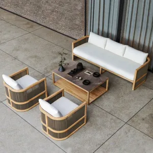 Waterproof Quick-Dry Cushions-Durable Rust Proof Eco-Friendly Patio Modern Outdoor Garden Teak Wood Fabric Sofa Set