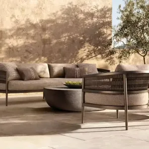Waterproof Rust Proof Modern Teak Wood Fabric Outdoor Sofa Set-Garden Sofa for Courtyard Hotel Villa Use