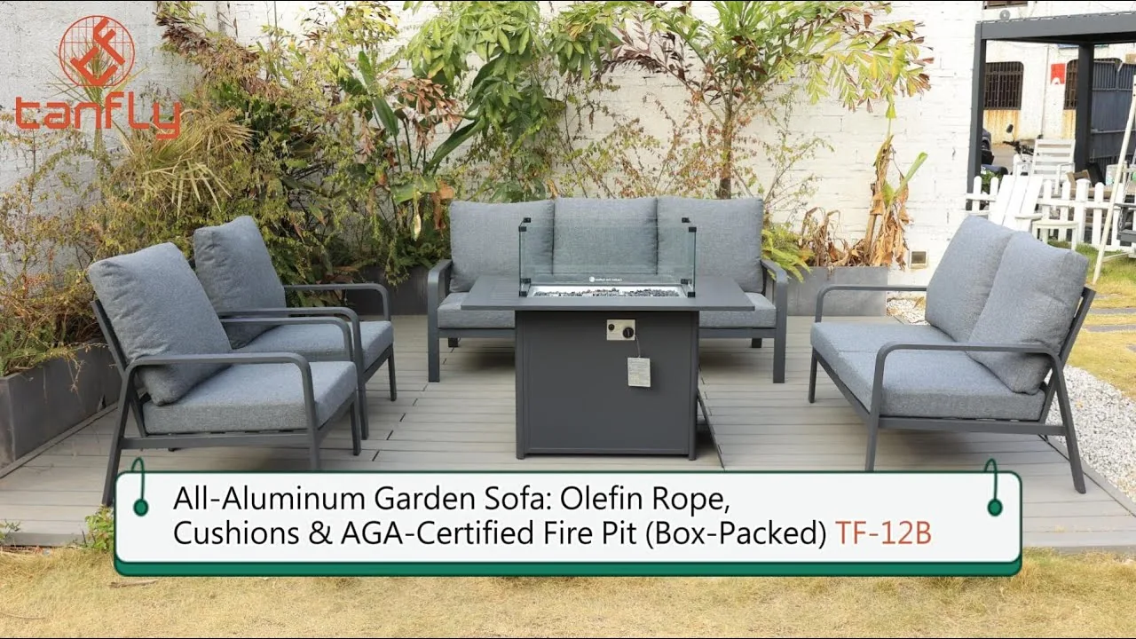 Gartensofa komplett aus Aluminium: Olefinseil, Kissen & AGA-zertifizierte Feuerstelle TF-12B