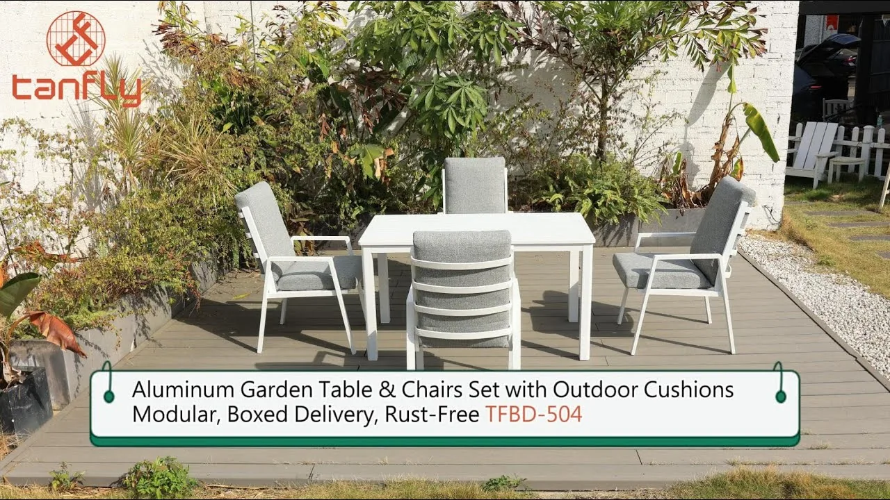 Aluminium tuintafel en stoelenset met buitenkussens, modulair, geleverd in een doos, roestvrij TFBD-504