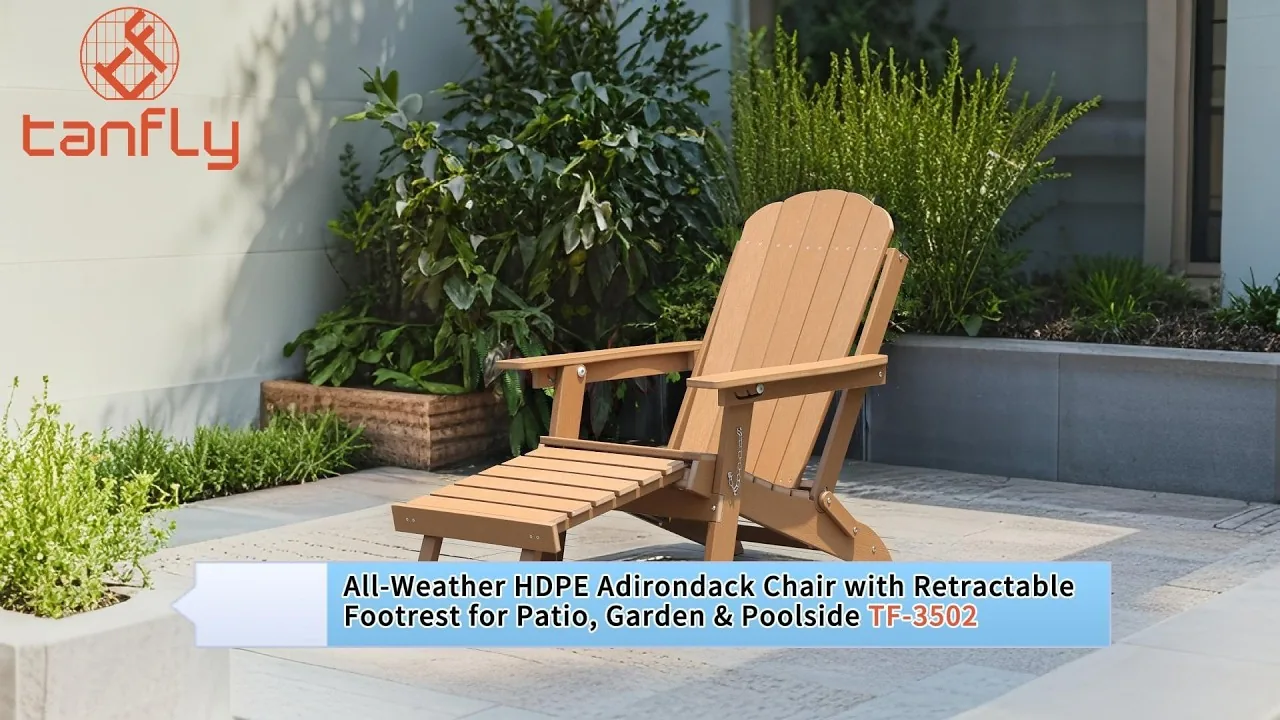 Weerbestendige Adirondack-stoel van HDPE met uitschuifbare voetensteun voor terras, tuin en zwembad TF-3502