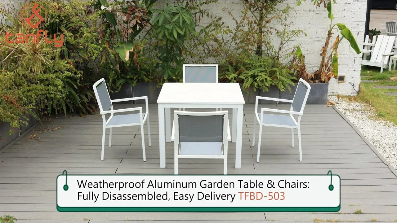 Weerbestendige aluminium tuintafel en -stoelen: volledig gedemonteerd, eenvoudig te leveren TFBD-503