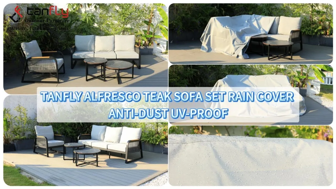 Juego de sofá de teca para exteriores Tanfly con funda impermeable, antipolvo y resistente a los rayos UV