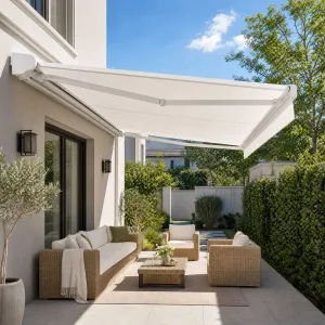 Full Cassette Patio Awning Motorized 1100Dtex Polyester Sail Aluminum 6063 Frame Extendable Modern Outdoor Use