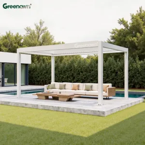 Bioclimatic Grey Louvered Pergola Aluminum Roof Garden Patio Outdoor Gazebo with Sliding Glass Door