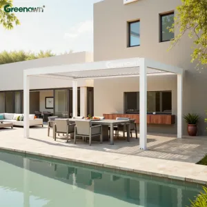 Customized Large Outdoor Aluminum Pergola Smart Motorized Garden Gazebo Pavilion with Rotating Louver Roof for Balcony Terrace