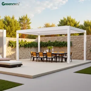 Garden Shade Motorized Pergola Aluminum Frame Adjustable Double-layer Louvered Roof Pergola with Curtains