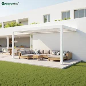 Wall Mount Villa Pergola Adjustable Aluminum Louvered Roof Bioclimatic Pergola Gazebo 64 with Sliding Glass Door