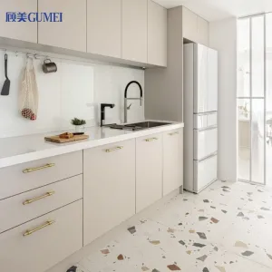 Prefab House White Marble Countertop Oak Wood Cabinet Wood Grain Wall Modular Kitchen Cabinets
