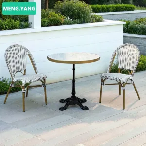 French Style Bistro Vintage Aluminium Coffee Shop Restaurant Furniture Outdoor Rattan Dining Table and Chair Set for Garden