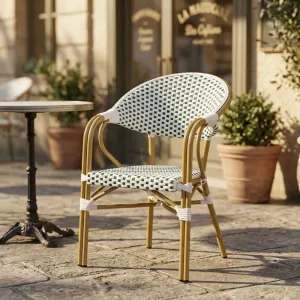 French Woven Rattan Bistro Chair Outdoor Garden Patio Seat with Curved Metal Frame