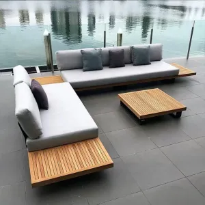 Modern Luxury Teak Outdoor Sofa Set Aluminum Frame for Living Room Park Hotel Villa Resort Balcony Outdoor Furniture