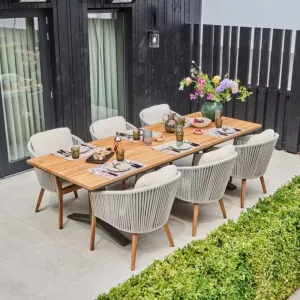 Modern Outdoor Dining Furniture Set Fashionable Teak Table Rope Chair with Aluminum for Garden Patio Beach Restaurant Use