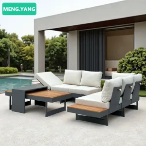 Modern Outdoor Teak Couch Set Garden Waterproof Furniture Aluminum Sectional Sofa with Adjustable Seat Cushions for Villa Patio