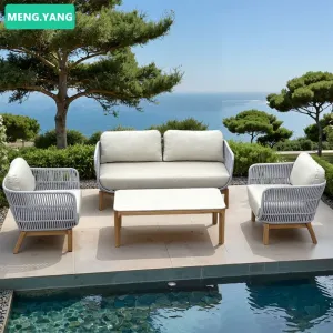 Waterproof Outdoor Teak Rope-Woven Dining Sofa Set for Patio Garden Terrace Furniture