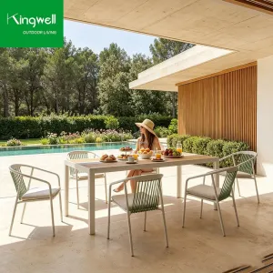 All Weather Modern Outdoor Furniture Aluminum Rope Garden Dining Table Stackable 6 Chairs for Hotel Living Room Courtyard