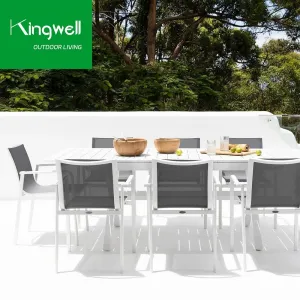 Aluminium Outdoor Hotel Furniture 8 Piece Black Outdoor Dining Furniture Set Fabric Patio Table and Chair Set
