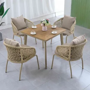 Beige Patio Porch Plastic Wood Square Table 4 Seater Chairs Furniture Outdoor Garden Terrace Cafe Rope Aluminum Dining Set