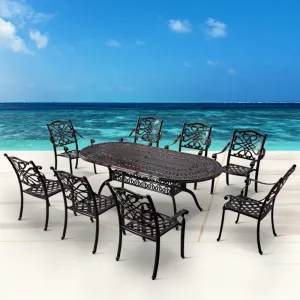 Best Sale 9 Piece Porch Patio Cafe Dining Set Furniture Outdoor Garden Cast Aluminum Oval Table and 8 Seater Chairs for Outside