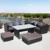 Black Luxury Leisure Outdoor Garden Modular Loveseat Couch Furniture Set Patio Rattan Sectional Seating Sofa with Dining Table