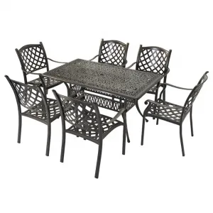 Black Modern Outdoor Garden Umbrella Dining Chair Set Restaurant Cast Aluminum Rectangular Dining Table for 6 with Umbrella Hole