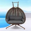 Brown Modern Garden Porch Wicker Furniture Outdoor Patio Rattan Double Two Person Oval Swing Hanging Egg Chair with Stand