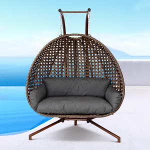 Brown Modern Garden Porch Wicker Furniture Outdoor Patio Rattan Double Two Person Oval Swing Hanging Egg Chair with Stand