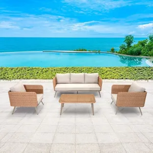 Brown Modern Patio Modular Wicker Aluminum 3 Seater Furniture Outdoor Garden Villa Rattan 4 Piece Conversation Sofa Set on Sale