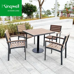 Cafe Furniture Dining Set Outdoor Restaurant Aluminum Dining Table Set Plastic Wood Top Garden 4 Chairs Sets for Hotel
