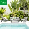 Contemporary Aluminum Outdoor Sofa Set Deep Seating Patio Conversation Set with Teak Armrest for Villa Deck