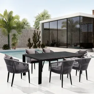 Contemporary Modern 7 Piece Restaurant Furniture Patio 6 Seater Set Rope Aluminum Outdoor Garden Cafe Dining Table and Chairs