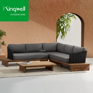 2024 European Luxury Outdoor Rattan Furniture Set Patio Teak Wood L Shape Sofa Garden Modern Design Sectional Corner Sofas Sets