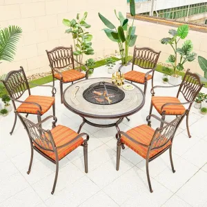 French Garden Restaurant Picnic Round BBQ Grill Table Charcoal 6 Person Chair Outdoor Patio Dining Room Casting Aluminum Set