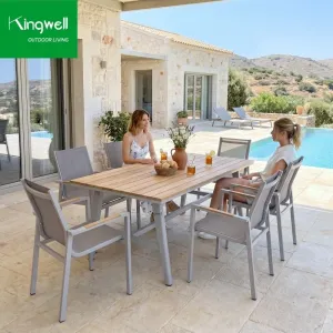 Garden Furniture Weather Resistant Aluminum Outdoor Dining Table and Stackable Textlin Chairs Set