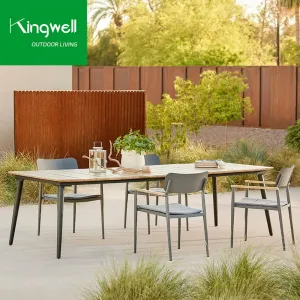 Garden Restaurant Aluminum Lounge Dining Armchair Furniture Set Teak Outdoor Dining Table and Chairs Set With 4 Seats