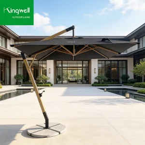 High End Modern Aluminum Alloy Frame Garden Big Outdoor Pool Stand Parasol Wood Grain Umbrella for Restaurant Courtyard with LED