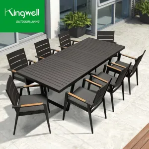 Hotel Outdoor Dining Set Aluminum Frame Waterproof UV Resistant Extendable Table Chairs with Teak Armrests 6 Seating Capacity