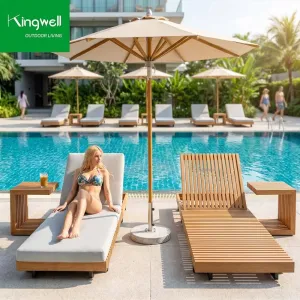 Kingwell Modern Luxury Teak Wood Outdoor Sun Loungers with Adjustable Chaise Lounge and Side Table for Hotel Use