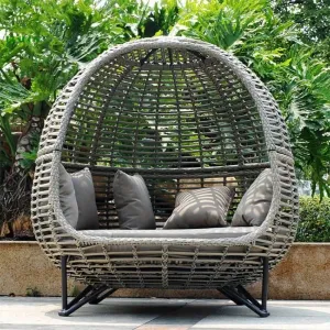 Luxury Aluminum Garden Furniture Round Sunbed with Rattan Wicker Lounger Day Bed and Apple Canopy-for Villas and Hotels