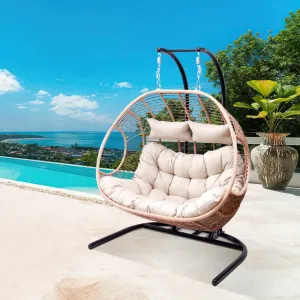 Luxury Leisure Outdoor Garden Patio Hanging Relax Seat Furniture Hotel Balcony Front Porch 2 Seater Double Rattan Swing Chair