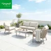 Luxury Modern Outdoor Furniture Leisure Wood Rope Woven Garden Sofa Sets with Coffee Table for Hotel Apartment