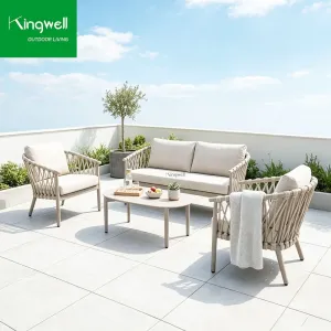 Luxury Modern Outdoor Furniture Leisure Wood Rope Woven Garden Sofa Sets with Coffee Table for Hotel Apartment