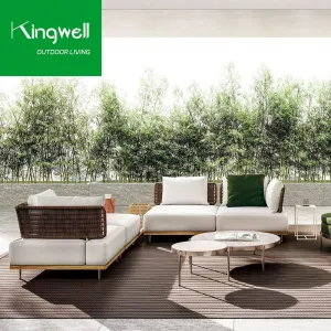 Luxury Modern Teak Wood Outdoor Sofa Sectional Set Rattan Bed Cushions UV Protection Waterproof for Hotel Park Dining Use