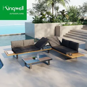 Luxury Outdoor Furniture Leisure Aluminum Sofa Sets Sectional L Shape Teak Wood Garden Sofas with Coffee Table