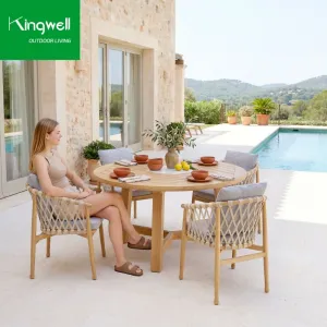 Modern Design Outdoor Teak Wood Dining Table UV-Resistant Waterproof with Chairs Cushion Garden Courtyard Villa Durable Exterior