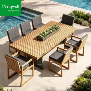 Modern Durable Outdoor Leisure Solid Teak Wood Dining Table Chair Set Durable Waterproof Park Hotel Villa Patio Furniture