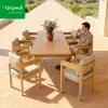 Modern Hotel Outdoor Dining Set Teak Wood Frame Waterproof UV Resistant Durable Table Chairs with Teak Armrests 6 Seating Park