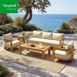 Modern Luxury Hotel Outdoor Dining Patio Furniture Sofa Set Backyard Sectional Teak Wood Garden Sofas UV Resistant Waterproof